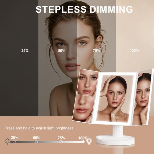 S'bagno LED Makeup Mirror with Lights, 1X/2X/5X Magnification, 3 Color Dimmable LED Modes, 270° Rotation, Trifold Vanity Mirror for Travel, Skincare & Grooming