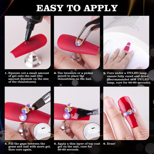 Multifunctional Rhinestone Kit - Gold Glass Nail Charms & Beads (2-5mm), UV/LED Gel Glue with Dotting Tools