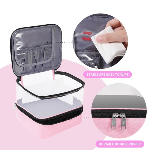 Clear Nail Polish Organizer Double layer Nail Polish Holds 30 Bottles and Nail Lamp, Nail Dryer Case Storage Supplies with Adjustable Dividers, Portable Nail Carrying Bag for Nail Tech (Pink)