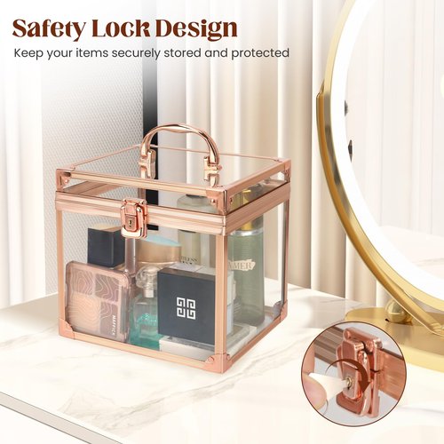 Donghome Crown Box 7.9 x 6.7 x 7.5inch, Clear Makeup Case,Cosmetic Organizer, Large Capacity Transparent Acrylic Artists Display Case for Vanity,Bathroom Counter or Dresser (Rose Gold)