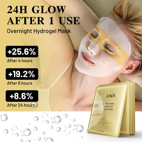 ICIKOL Collagen Face Mask with 24K Gold & Snail Mucin, Extra Eye Care Hydrogel Mask for Age-Defying & Skin Glowing, Overnight Elasticity Repair, 37g x 4 Sheets
