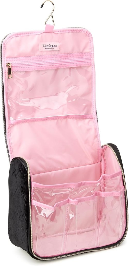 Juicy Couture Black Makeup Bag - Velour Cosmetics Organizer with Hanging Hook for Travel Essentials
