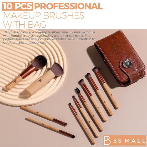 BS-MALL 10 Pcs Professional Bamboo Makeup Brush Set - Travel-friendly Eyeshadow Brush, Concealer Brush & Foundation Brush For Liquid Makeup - Lightweight Multi-purpose Daily Use With Makeup Bag