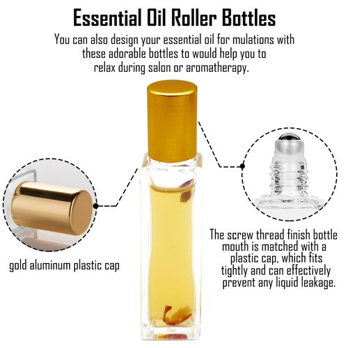 Hzmssore 25 Pcs 10 ml Roller Bottles for Essential Oils, Square Thick Empty Glass Roller Bottles with Stainless Steel Roller Balls Protection Leakproof with 2 Funnel for Travel, Gold