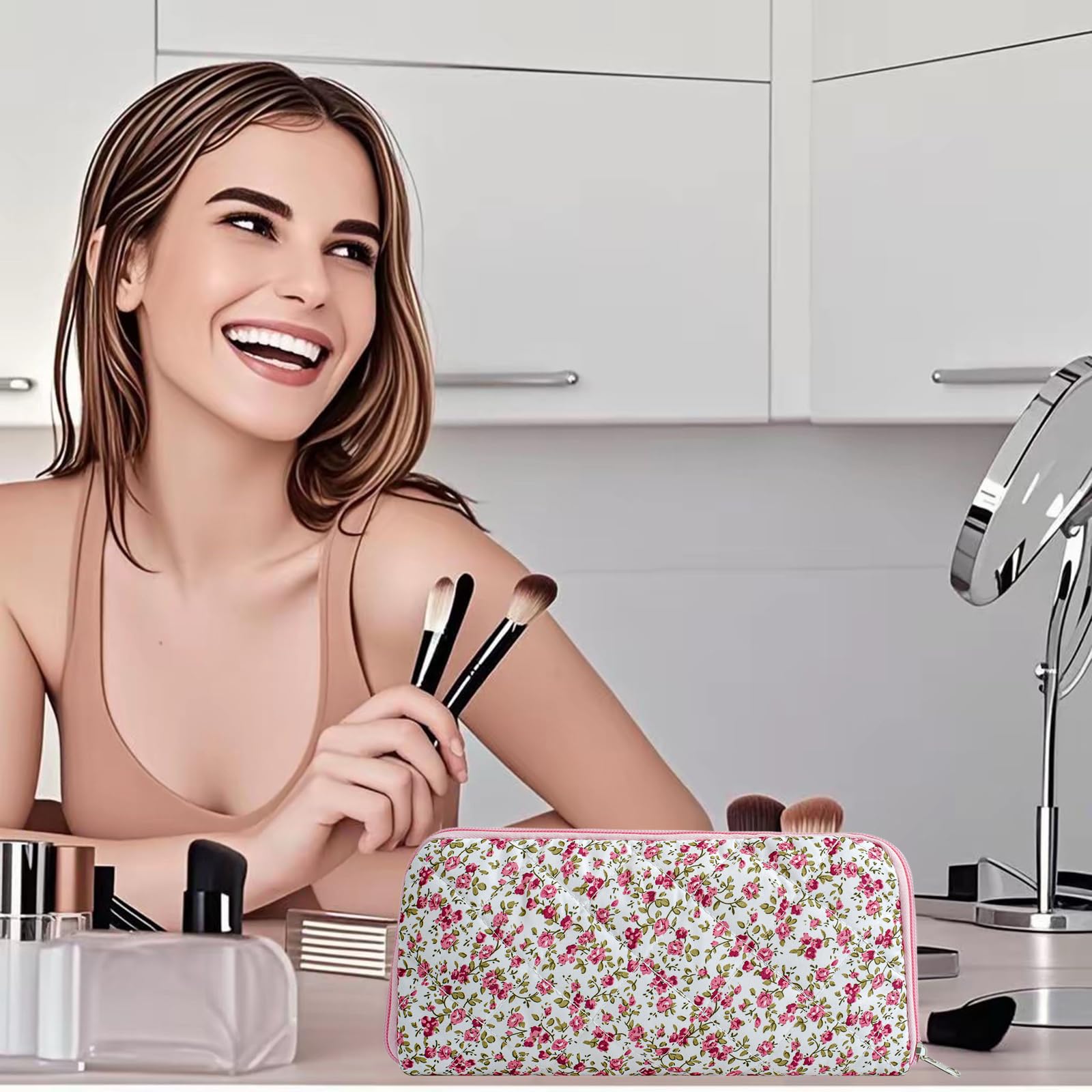WHHJM Cute Floral Bag for Makeup Brushes - Ideal for Travel & Daily Use Makeup Brushes Pouch for Women (Red Floral)