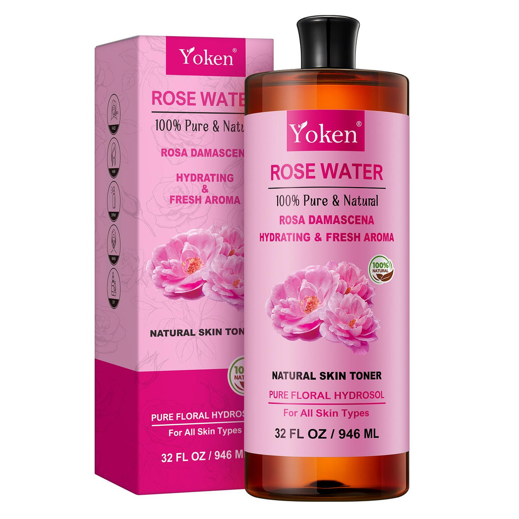 Yoken Pure Rose Water Toner for Face, 32 Fl Oz Bulk, 100% Natural Rosa Damascena Rose Hydrosol, Refreshing Rosewater for Hair, Skin, Aromatherapy, Hydrates & Soothes, Alcohol Free, Chemical Free