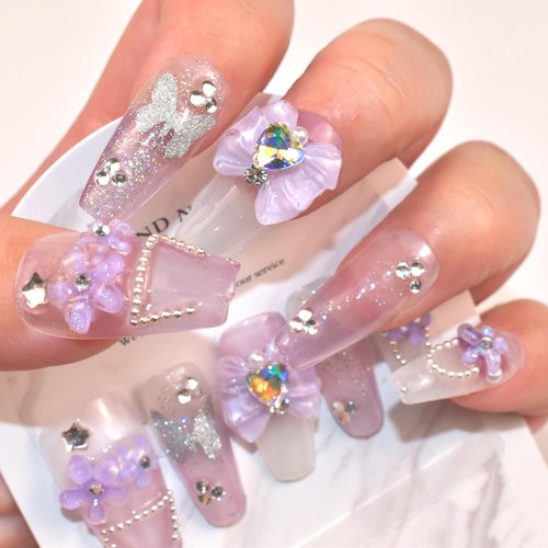 Handmade Fake Nails Long Purple Rhinestones Bow Flowers Design Press-on Nails Printing Glitter Silver Butterfly False Tips 10Pcs Size L