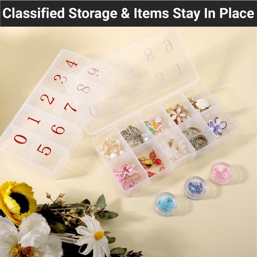 Cosics Acrylic Fake Nail Organizer Case, 2PCS 10-Compartment Nail Tip Storage Box with Number, 10 Space Rhinestone Nail Art Accessories Container, Clear Plastic Nail Box for Jewelry Charms Gem Vitamin