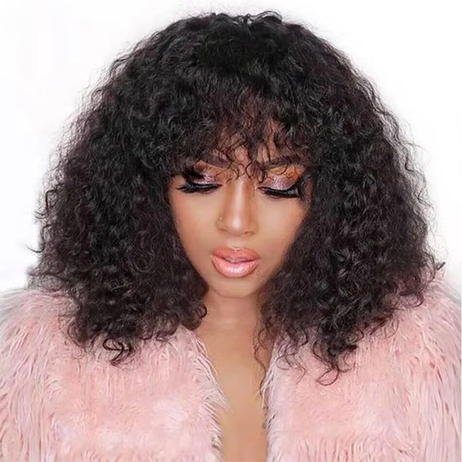 VIYAVIYA Water Bob Wig With Bangs 14inch Short Curly Wigs for Black Women None Lace 130% Density Glueless Human Hair Water Wave Brazilian Hair wigs Natural Color