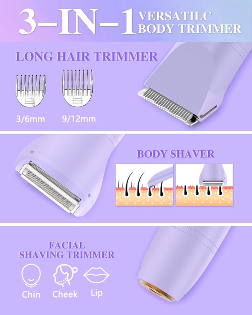 Bikini Trimmer for Women, Electric Razor for Pubic Hair 3-in-1, Bikini Shaver for Legs Body Hair, Womens Electric Razor IPX6 Waterproof, Gifts for Women,Purple