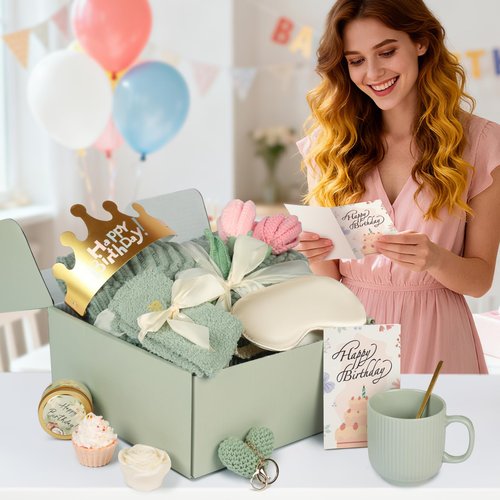CuriBox Birthday Gifts for Women - 13PCS Unique Happy Birthday Gifts Basket for Mom Her Best Friend Sister Wife Girlfriend Coworker - Relaxing Spa Self Care Package Valentines Day Gifts Set (Green)