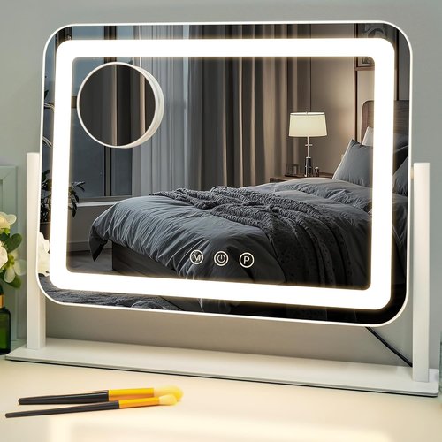 Lighted Makeup Mirror,18" x 14" Led Vanity Mirror with with 3 Color Modes & Adjustable Brightness,Smart Touch Control,360 Degree Rotation,for Dressing Room & Bedroom,AC-Powered, Metal Frame Design