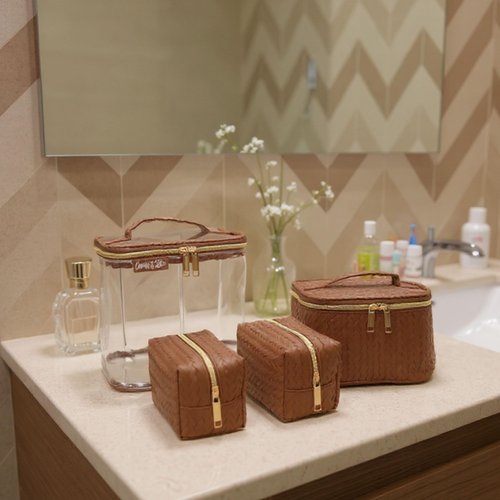 Emma & Chloe Travel Toiletry Bags for Women, 4 Piece Waterproof Cosmetic Case, Set, Pouch Makeup Organizer Bags for Women, Home Counters (Smooth Brown Chevron)