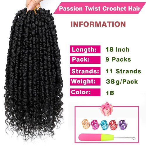 9 Packs Passion Twist Crochet Hair 18 Inch Pre-twisted Passion Twist Hair Pre Looped Crochet Passion Twist Hair Bohemian Passion Twist Crochet Hair for Women Girls and Kids (18Inch,1B)