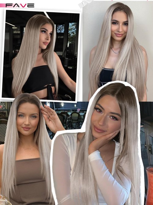 FAVE 13x4 HD Lace Front Wig,28" Ombre Wig Ash Blonde with Brown Highlight Long Straight Synthetic Hair, Pre-Plucked Hairline, Heat-Resistant Glueless Lace Front Wigs for Women