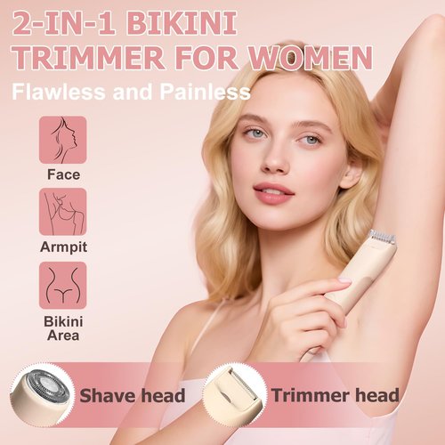 2 in 1 Bikini Trimmer for Women, Led Electric Dual Head Shaver Women, Rechargeable & Waterproof, Painless for Sensitive Skin, Electric Bikini Trimmer for Bikini Line & Pubic, Legs, Face, Underarms