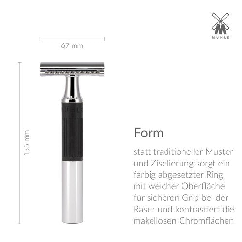 MÜHLE NEO Safety Razor - Eco-Friendly Double Edge Razor for Beginners & Experts | Chrome with Black Grip