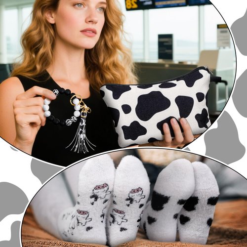 Honeydak Cow Gifts Set for Women Cow Printed Accessories Includes Makeup Bag Gift Box Cute Socks Keychain Mug Scented Candle Stickers for Christmas and Birthday Party Gifts