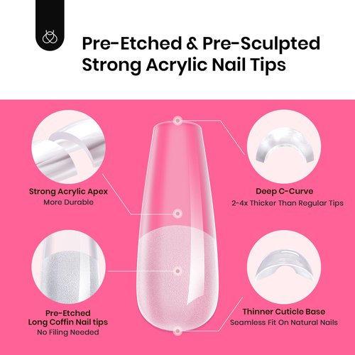 Beetles Tipex Instant Apex Nail Tips Kit, Coffin Long 224Pcs 16 Sizes Pre-Building & Pre-Etched Thicker Acrylic Nails False Nail Extension with Tipex Nail Glue Mini Nail Lamp