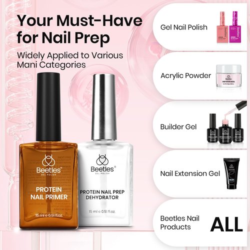 Beetles 15ml Protein Nail Prep Dehydrator and Primer nail Set - 2PCS Hema-Free & Acid Free Nail Bond Protein Prep Kit for Gel Nail Polish Acrylic Nail Supplies