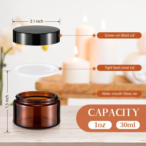 Domensi 60 Pcs 1oz Glass Jars with Lids Bulk Salve Tins Winter Cream Container Small Glass Candle Cosmetic Jars for Travel Lip Balm with Inner Liners for Lotion Sample Cream(Amber, Black Lid)