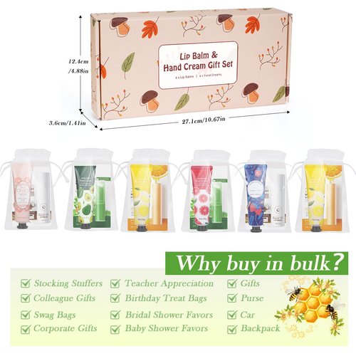 Lip Balm And Hand Cream Gift Set For Women, 6 Lip Balm Bulk + 6 Organza Bags + 6 Hand Lotion, Bridal Wedding Favor for Guests , Christmas Gifts Stocking Stuffers Teacher Appreciation Thank You Gifts