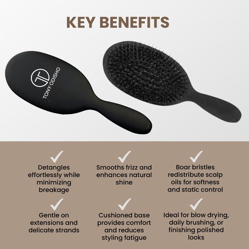 TONY ODISHO Professional Paddle Hair Brush – Cushion Brush with Tourmaline Nylon and First Cut Boar Bristles for Gentle Detangling & Natural Shine (Black, Large)