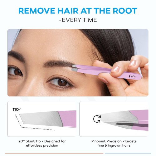 Precision Tweezers for Women Facial Hair - Stainless Steel Tweezers for Women and Men - Ideal for Eyebrow Shaping and Hair Removal - Slanted Tips, Durable and Ergonomic Grip Design