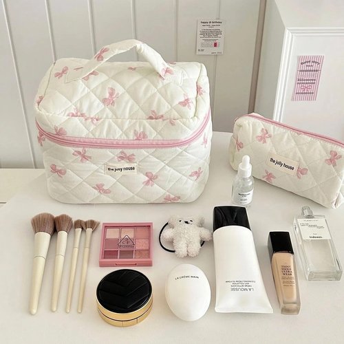 BILIPOPX Cute Makeup Bag Cotton Quilted Cosmetic Bag Floral Aesthetic Toiletry Bag Kawaii Puffy Coquette Travel Organizer Pouch Purse for Women (02Pink Bow)