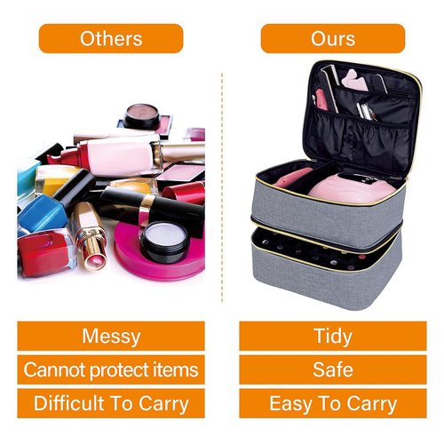 UOZL Nail Polish Organizer, Handheld Double Layer Organizer Holds 30 Bottles (15 ml/0.5 floz) with Adjustable Dividers for Nail Polish Small Manicure Lamp Manicure Tools Essential and Travel,Gray Gold