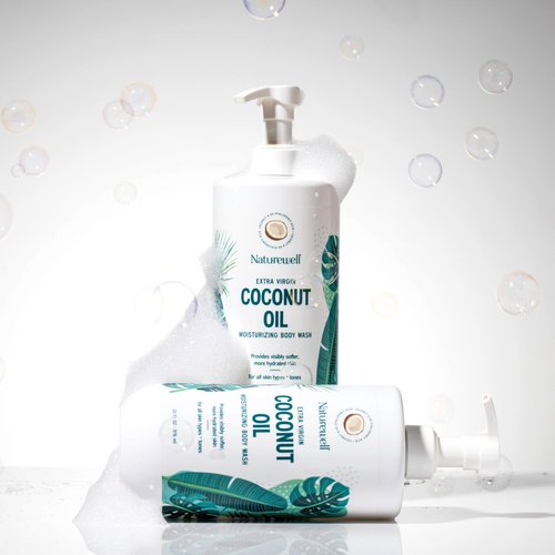 NATURE WELL Extra Virgin Coconut Oil Ultra-Moisturizing Body Wash, Gentle & Creamy Formula Packed with Antioxidants, Vitamins A, C & E, & Squalane, Provides Gentle Cleansing & Intense Hydration, 33 oz