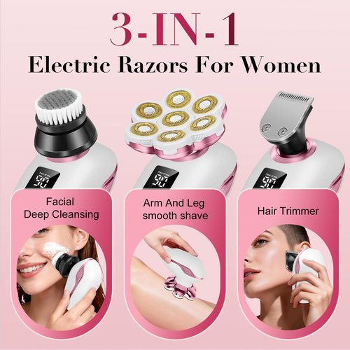 3-in-1 Electric Razors for Women,Bikini Trimmer for Women,7D Painless Electric Shaver with Facial Cleansing Brush,Gifts for Women,Replaceable Hair Remover for Legs Water Resistant Wet/Dry (Pink)