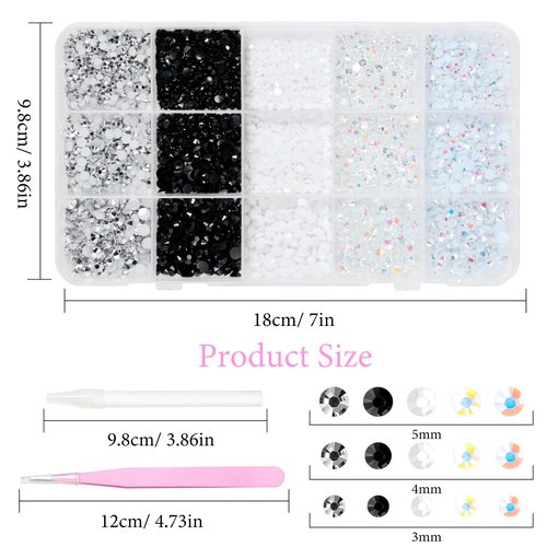 12000 Pcs Resin Jelly Rhinestones for Crafting, Multi Sizes Flatback White Black Gems, Resin Rhinestones Bedazzling Crystal with Pickup Tool for DIY Crafts Clothing Shoes Fabric Nail Art