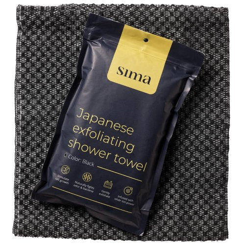 Sima Brand Exfoliating Washcloth Face & Body Scrub Towel - Japanese Exfoliating Towel with Hexagon Fibers, Body Scrubber with 2 Sides for Scrubbing & Washing, Extra Long Body Towels (Black)