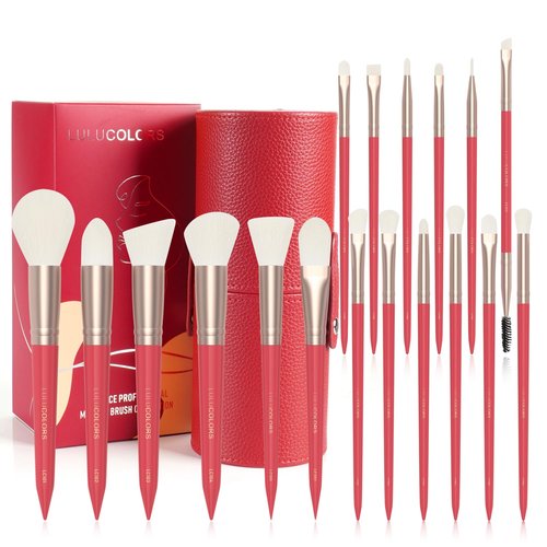 LULUCOLORS 18-Piece Makeup Brush Set with Holder Case – Complete Makeup Brush Collection for Flawless Makeup Application in Red -Soft Bristles (Red)