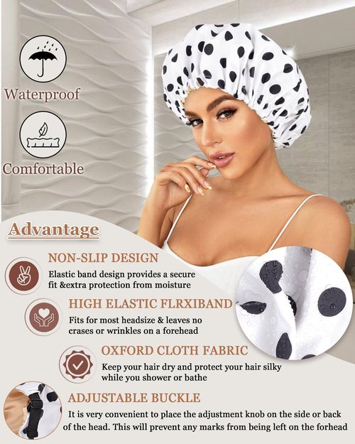Luvruitaky Large Shower Caps for Women Reusable Waterproof Satin Lined Shower Cap with Adjustable Band Double Layer Design Luxury Washable Bath Hair Bonnet (Black Dot)