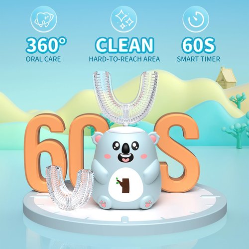 QDCYP Kids U Shaped Electric Toothbrush, Automatic 360° Sonic Cleaning, 6 Modes, 4 Brush Heads, Cute Cartoon Koala Design (2-6 Age (Grey Blue))