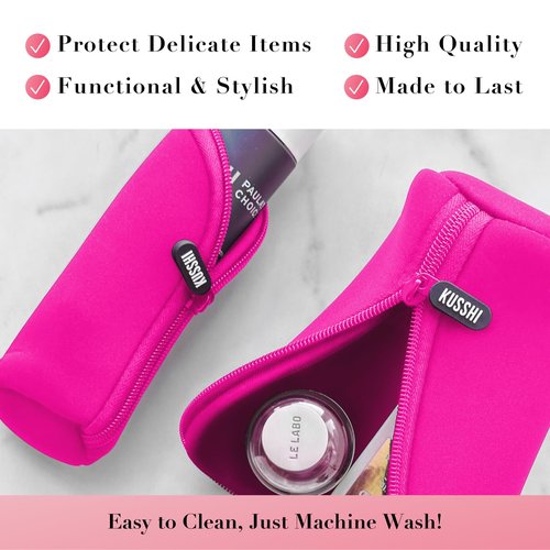 KUSSHI Neoprene Mini Makeup Pouch for Purse and Travel - Travel Pouch for Delicate Bottles and Beauty Items - For Foundations, Serums, Perfumes and More (Size Jumbo, Pink)