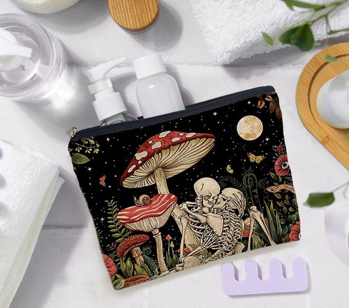 IWXYI Mushroom Skull Makeup Bag,Skeleton Gothic Mushroom Make up Bag Bag with Zipper Pouch for Travel & Toiletry