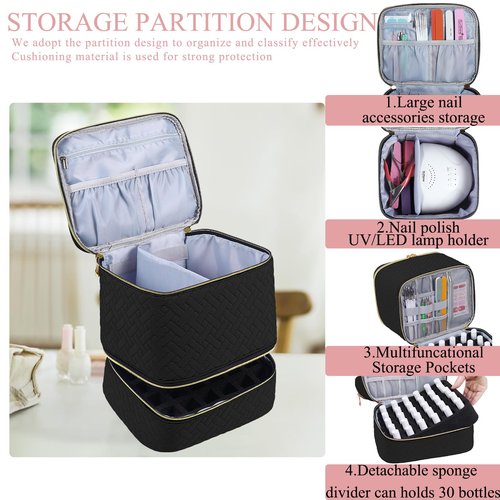 RZMAYIS Nail Polish Organizer, Nail Polish Storage Holds 30 Bottles & Nail Lamp, Double Layer Nail Bag Organizer Case, Portable Nail Polish Holder for Nail Tech Travel & Manicure Kit