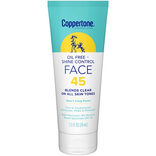 Coppertone Oil Free + Shine Control Sunscreen Face Lotion SPF 45, Lightweight Sunscreen for All Skin Tones, Won't Clog Pores, Fragrance Free, 2.5 Fl Oz Tube