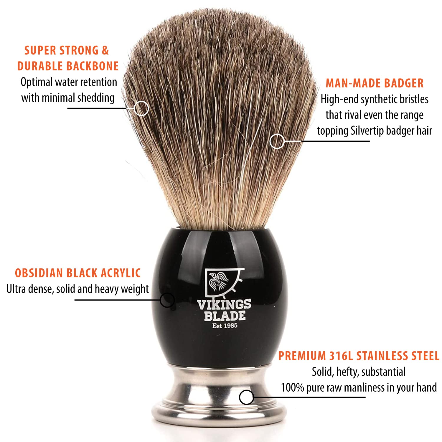 VIKINGS BLADE Luxury Shaving Brush - Ultra Heavy Acrylic & 316L Steel Handle, Dark Stallion Color