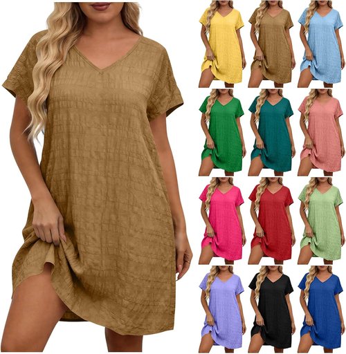 Skiennix Women’s Plus Size Casual V-Neck T-Shirt Dress - Short Sleeve Beach Sundress