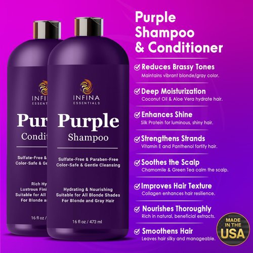 INFINA ESSENTIALS Purple Shampoo & Conditioner Set - Sulfate-Free, Nourishing Coconut Oil & Aloe Vera - 16 fl oz Each