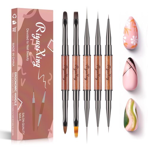 RIYUEXING Nail Art Bushes Set - Professional 5Pcs Double-Ended Nail Brush for Art, Long Lines, Ombre & 3D Design Nail Brush Pen for Gel Polish Manicure DIY Home Salon
