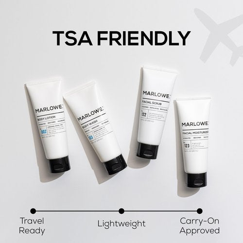 MARLOWE. Travel Essentials Kit, No. 103 Body Wash, No. 002 Body Lotion, No. 122 Facial Scrub & No. 123 Facial Moisturizer, Hydrating, Exfoliating & Nourishing Skin Care Set for All Skin Types