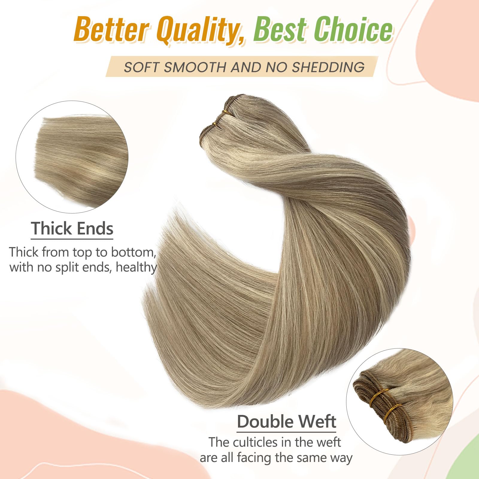 Weft Hair Extensions Sew in Real Human Hair Bundle Ash Blonde and Platinum Human Hair Extensions Hand Tied 12 Inch 80G Soft Straight Sew in Bundles Mixed with Blonde Highlights for Length/Volume