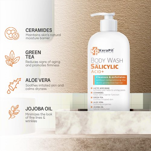 KERAPIL Exfoliating Body Wash - Salicylic Acid Formula for Smooth Skin | Unscented, 16 fl oz