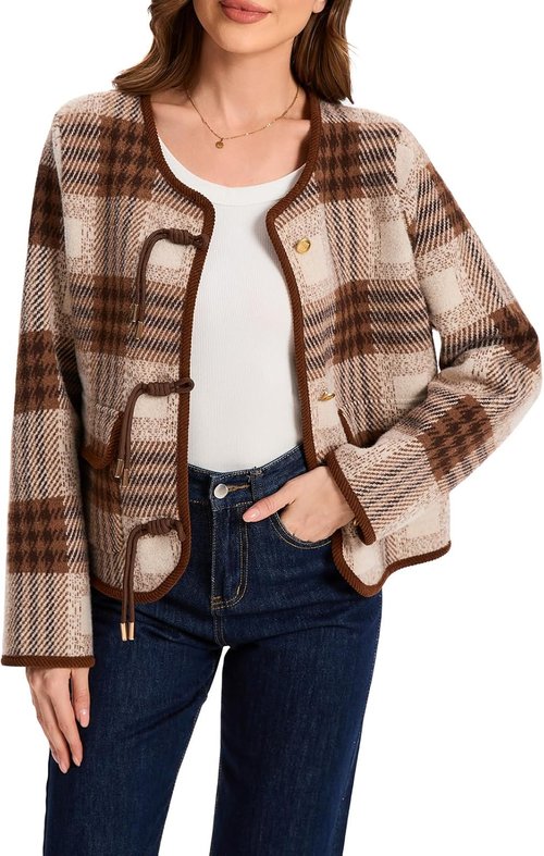 HOULENGS Women's Vintage Plaid Cardigan Sweater - Long Sleeve Knit Coat with Pockets for Fall Fashion