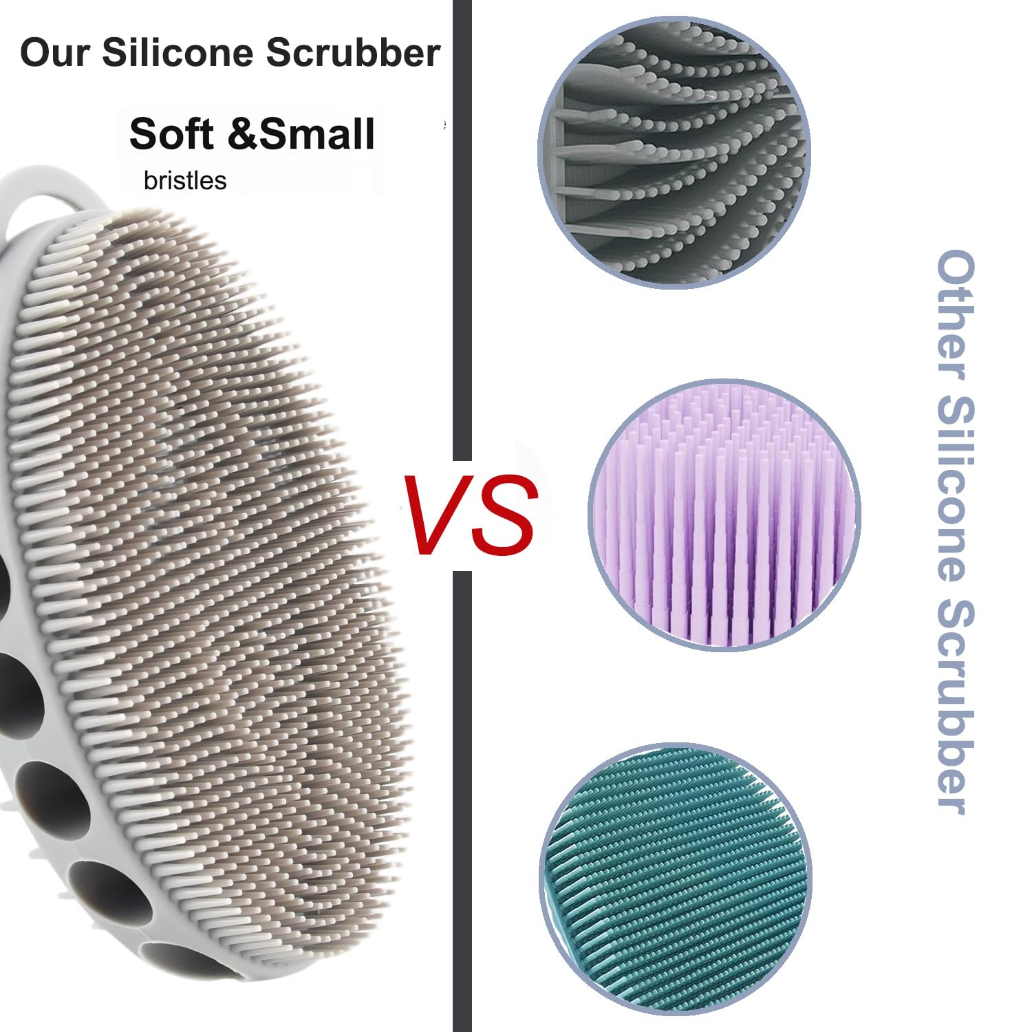 Vinjinsl Silicone Body Scrubber with Double-Sided Bristles, Deep Cleaning Massage Brush, Flexible Design with Hanger Loop for Exfoliating and Scalp Care (Grey)